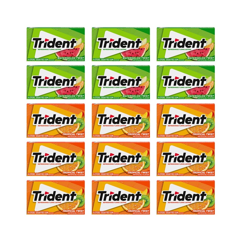 Trident Sugar Free Gum Variety Pack – Watermelon & Tropical Twist Flavors – 15 Packs (210 Pieces)