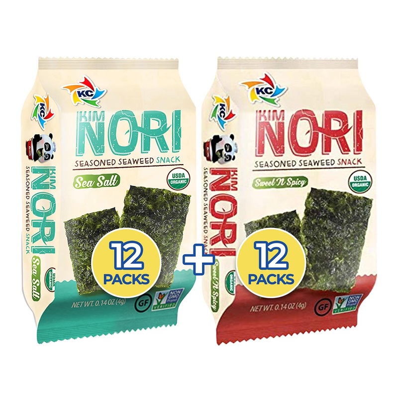 KIMNORI Organic Seaweed Snacks 24-Pack – Sea Salt & Sweet ‘N Spicy Flavors – Roasted Crispy Premium Laver Kim Nori – 100% Natural, 4g per Pack