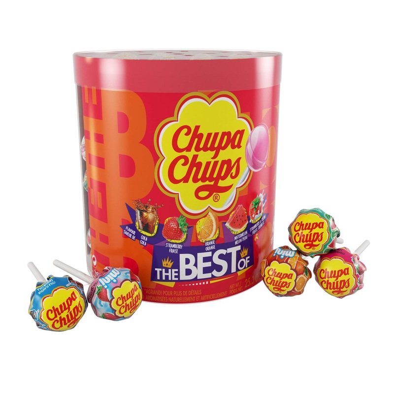 Chupa Chups Candy Lollipops Drum Display – 60 Count Assorted Flavors for Kids, Holidays, Parties, Office, Concessions